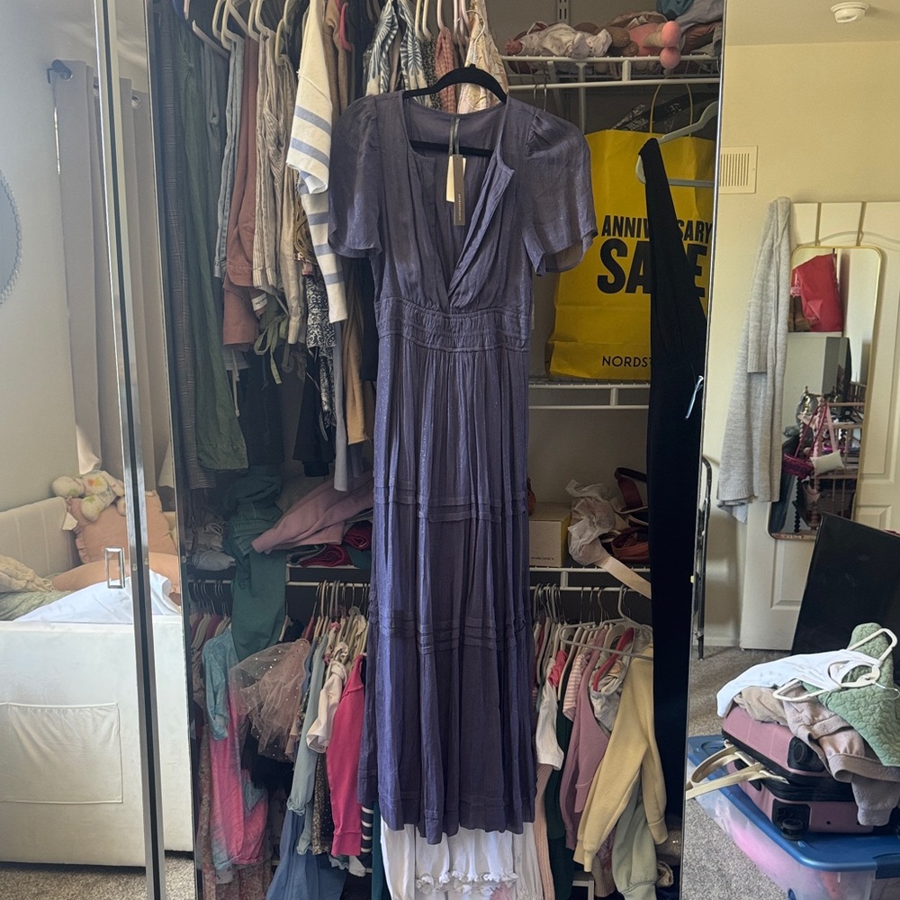 Anthropologie XS Somerset Lurex Edition Marin Blue V‑Neck Tiered Maxi Dress NWT